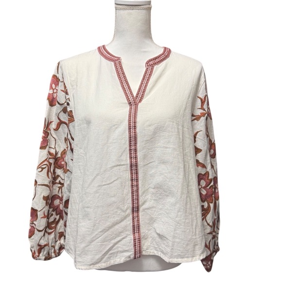 Calypso St. Barth Tops - Calypso Floral Embroidered Cotton Flax Peasant Blouse White Boho Womens Largr